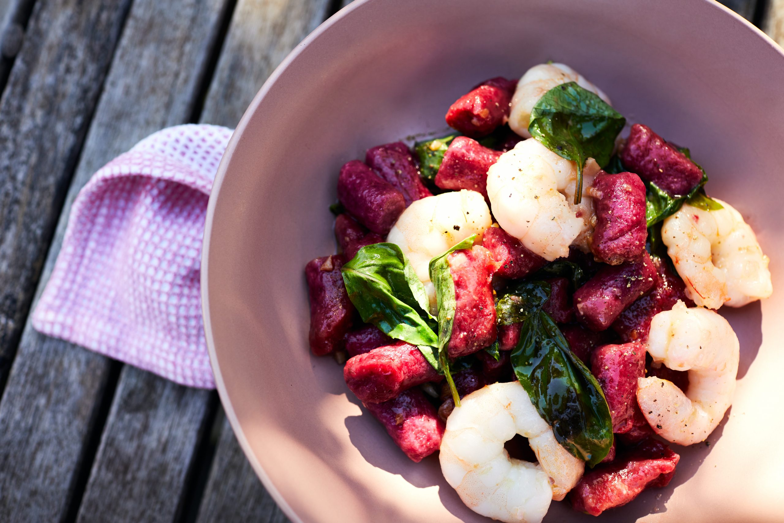 Beetroot Gnocchi with Prawns and Basil